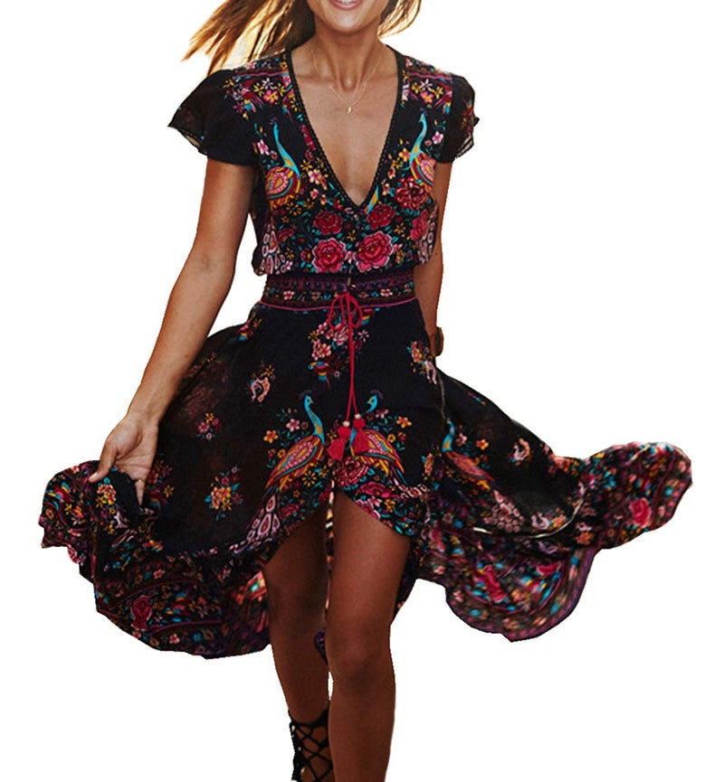 R.Vivimos Women's Summer Vintage Floral Print Deep V Neck High Low Long Dresses (XL,Black) - Image 1